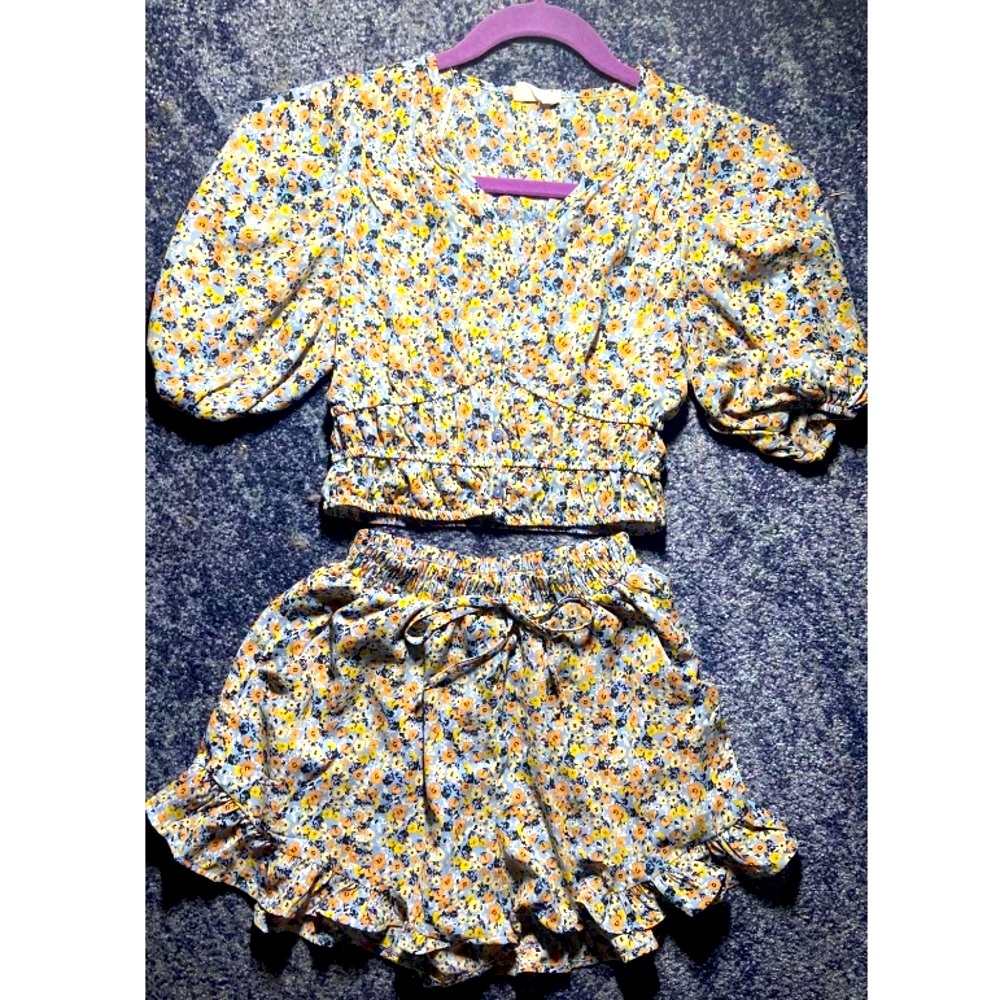 Sienna Sky two piece blue floral set shorts and top